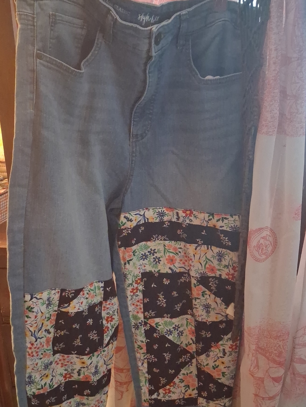Style & Co. Blue Denim Straight Leg Jeans with Floral Patchwork